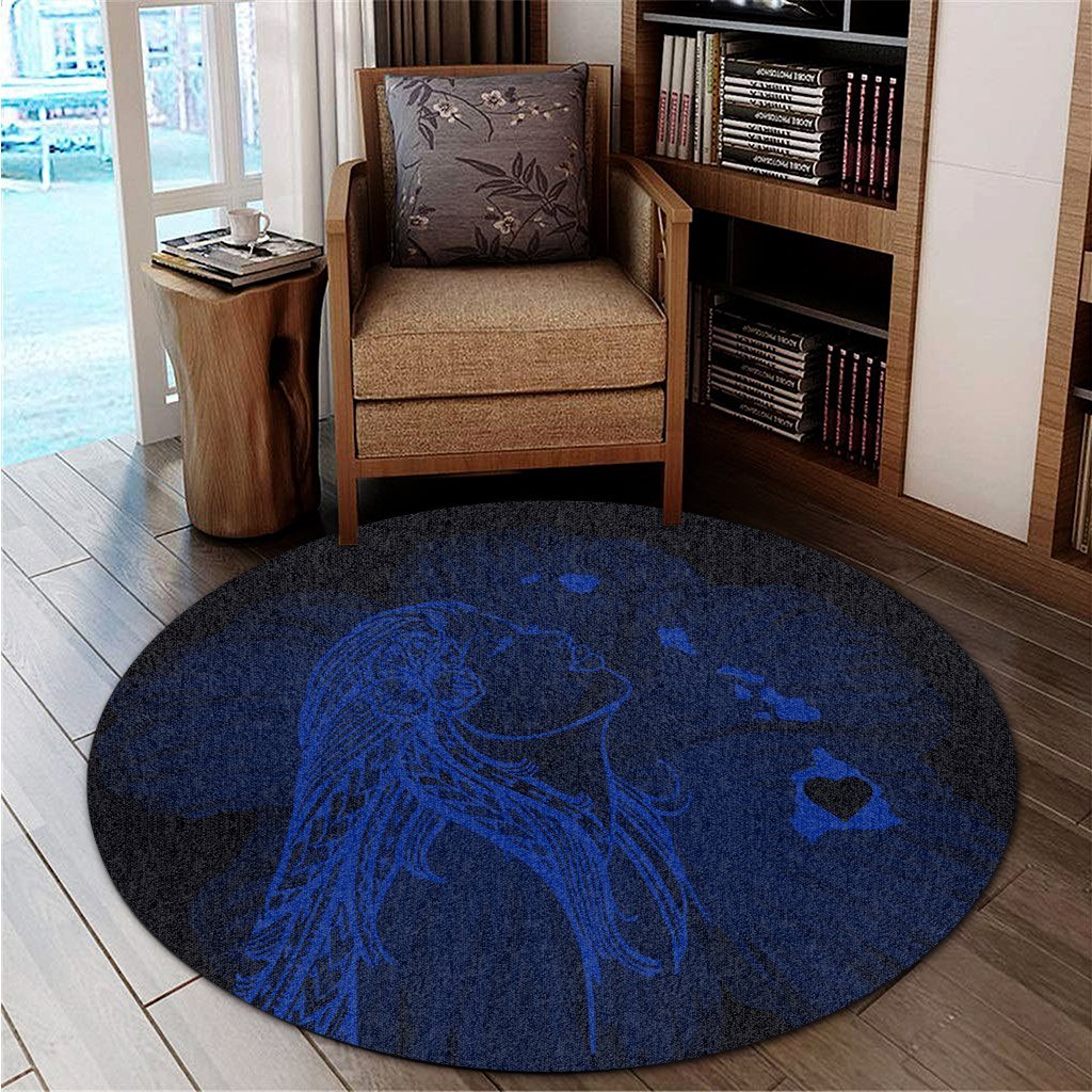 Hawaiian Map Heart Hula Girl Hibiscus Blue Polynesian Round Carpet - AH - Polynesian Pride