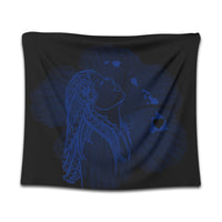 Hawaiian Map Heart Hula Girl Hibiscus Blue Polynesian Tapestry - AH Wall Tapestry Black - Polynesian Pride