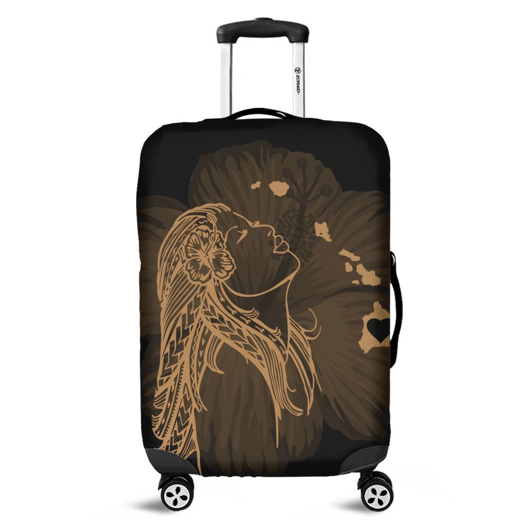 Hawaiian Map Heart Hula Girl Hibiscus Gold Polynesian Luggage Covers - AH Black - Polynesian Pride