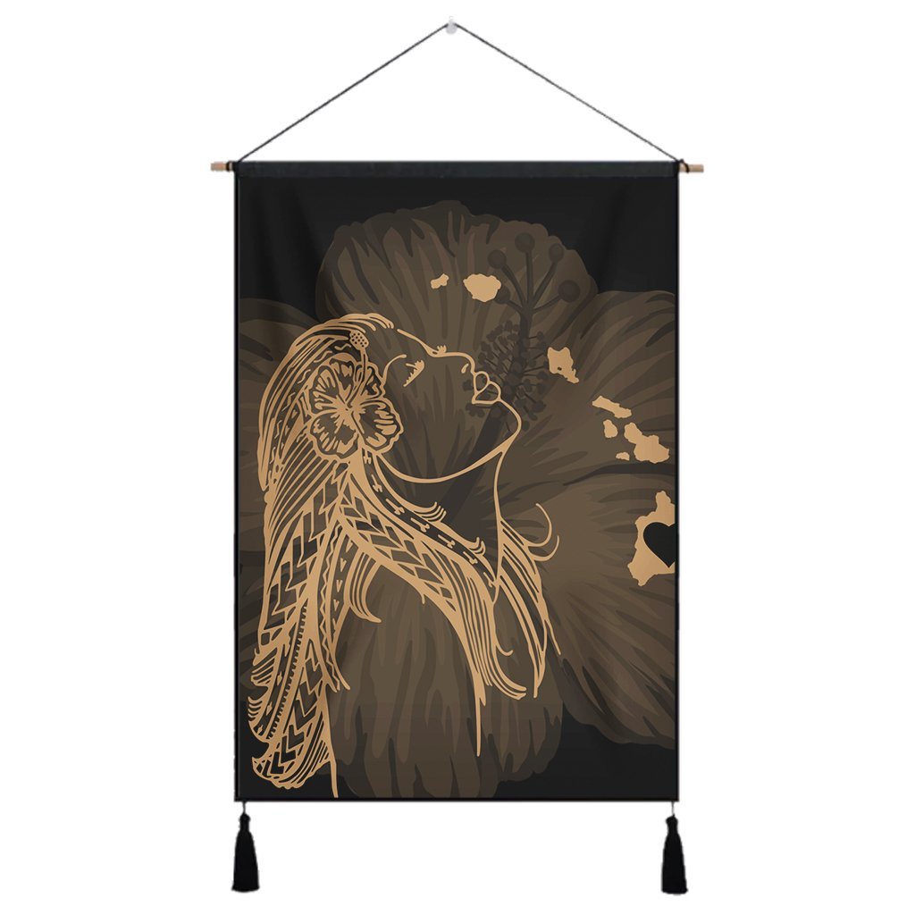 Hawaiian Map Heart Hula Girl Hibiscus Gold Polynesian Hanging Poster - AH Hanging Poster Cotton And Linen - Polynesian Pride