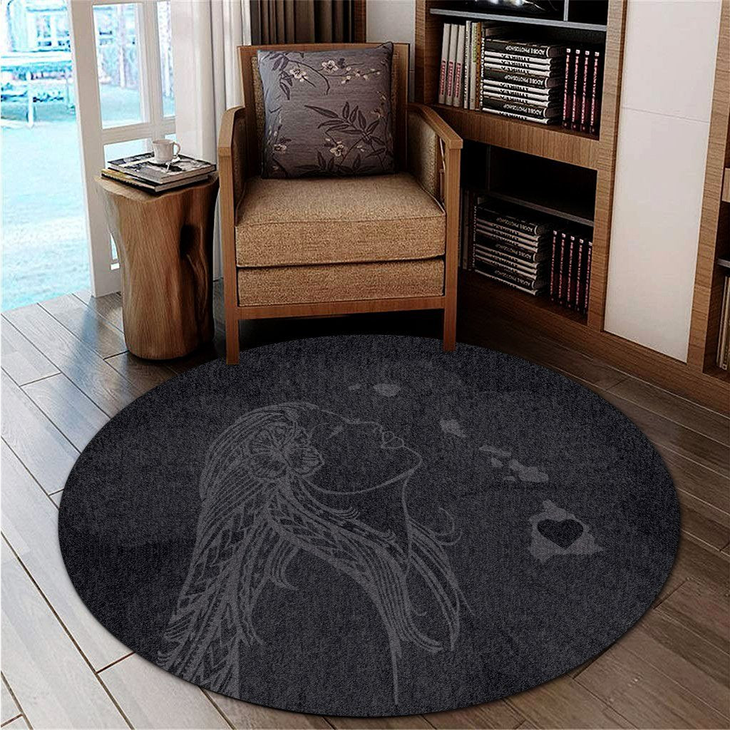 Hawaiian Map Heart Hula Girl Hibiscus Gray Polynesian Round Carpet - AH - Polynesian Pride