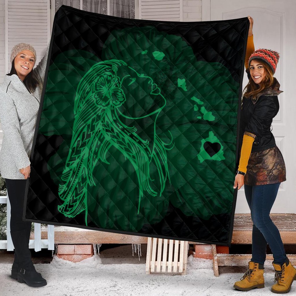 Hawaiian Map Heart Hula Girl Hibiscus Green Polynesian Premium Quilts - AH - Polynesian Pride