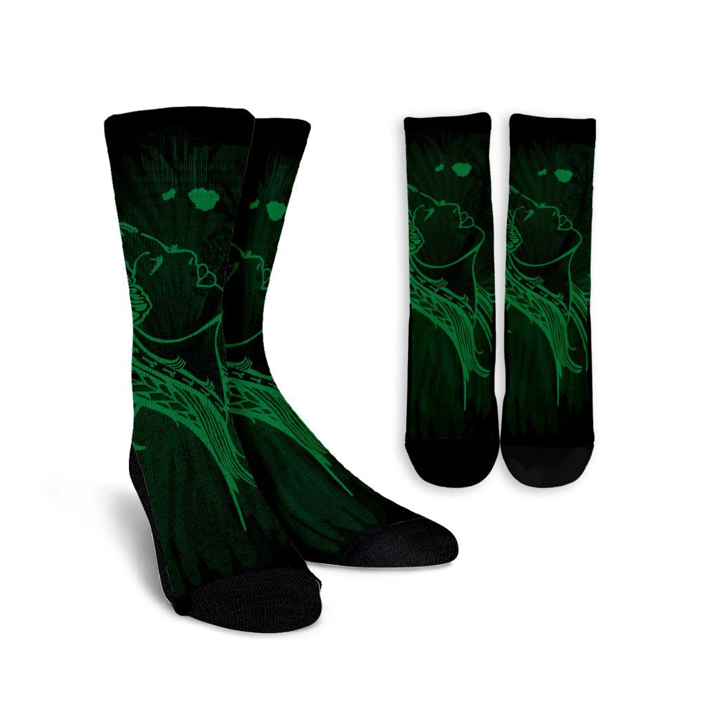 Hawaiian Map Heart Hula Girl Hibiscus Green Polynesian Crew Socks - AH Crew Socks White - Polynesian Pride