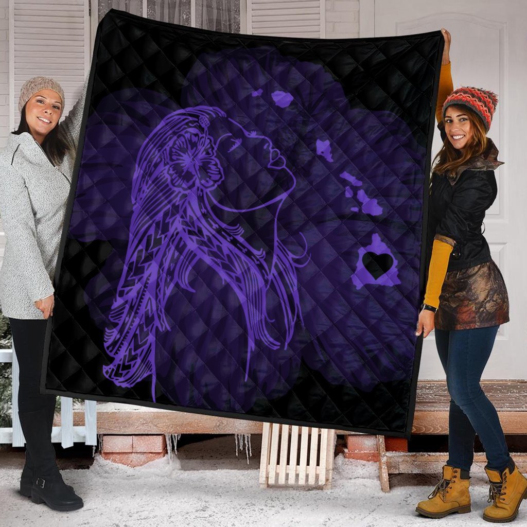 Hawaiian Map Heart Hula Girl Hibiscus Purple Polynesian Premium Quilts - AH - Polynesian Pride