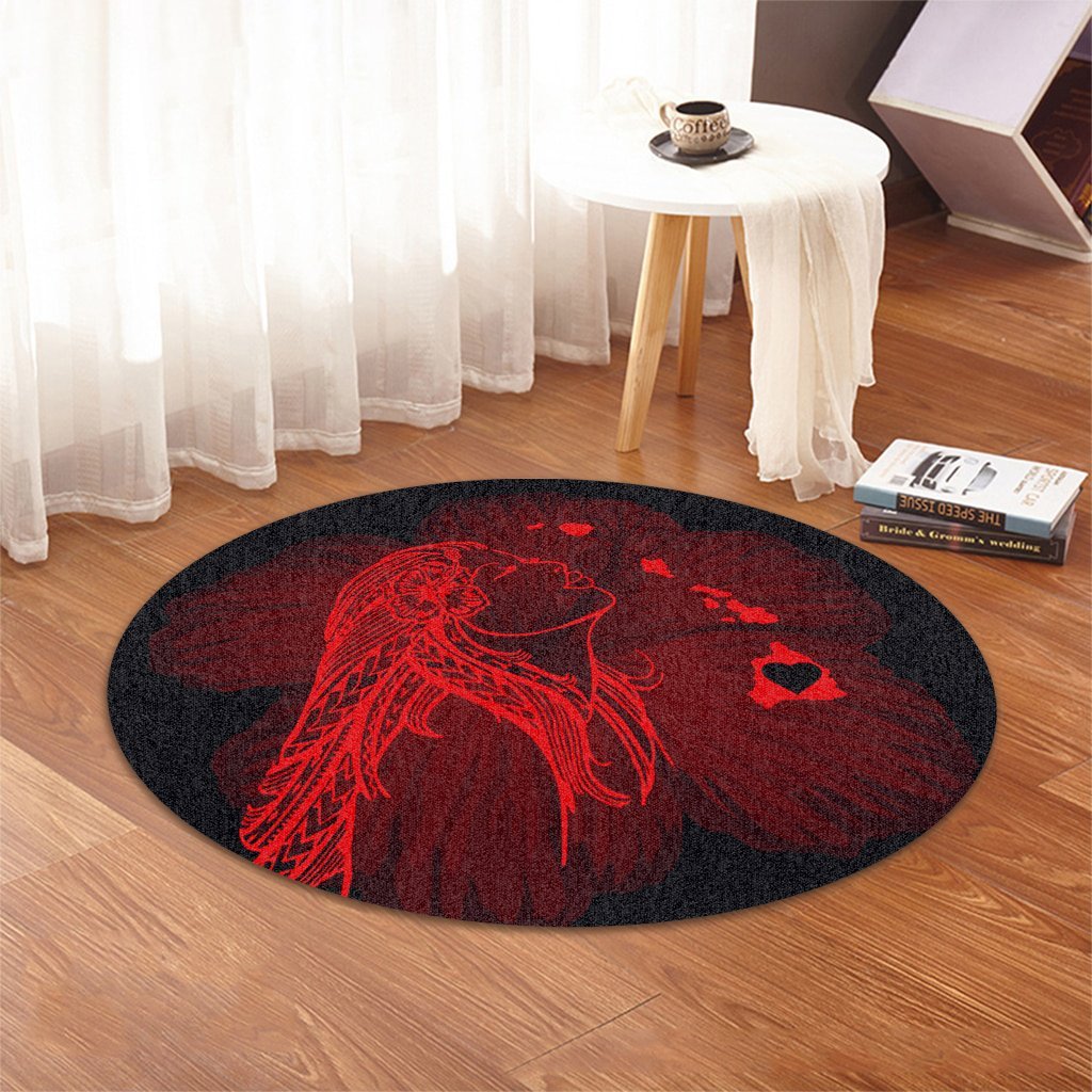 Hawaiian Map Heart Hula Girl Hibiscus Red Polynesian Round Carpet - AH - Polynesian Pride