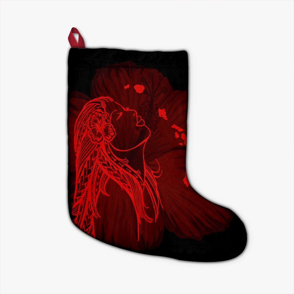 Hawaiian Map Heart Hula Girl Hibiscus Red Polynesian Christmas Stocking - AH Christmas Stocking 26 X 42 cm Black - Polynesian Pride