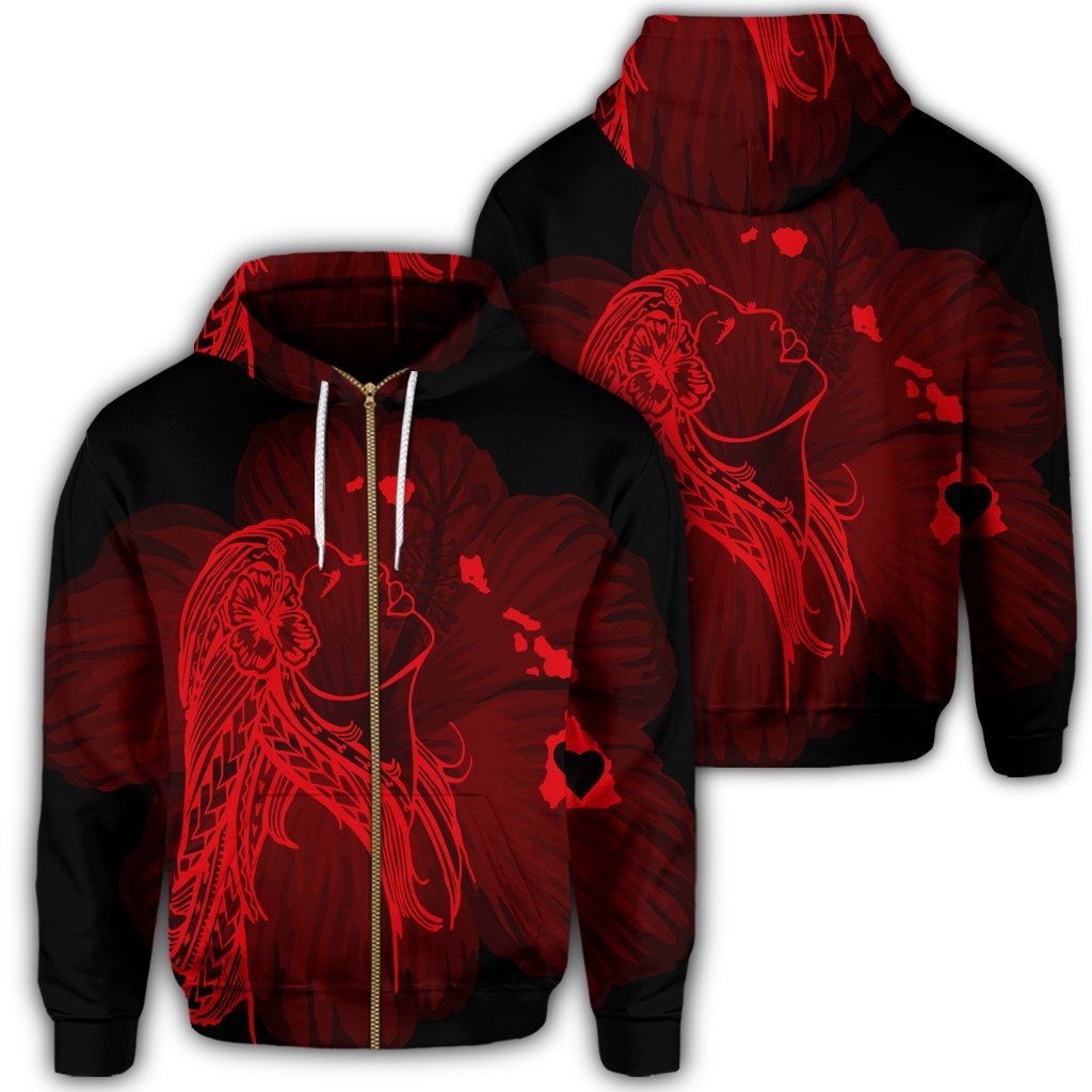 Hawaiian Map Heart Hula Girl Hibiscus Red Polynesian Zip Hoodie Unisex Art - Polynesian Pride