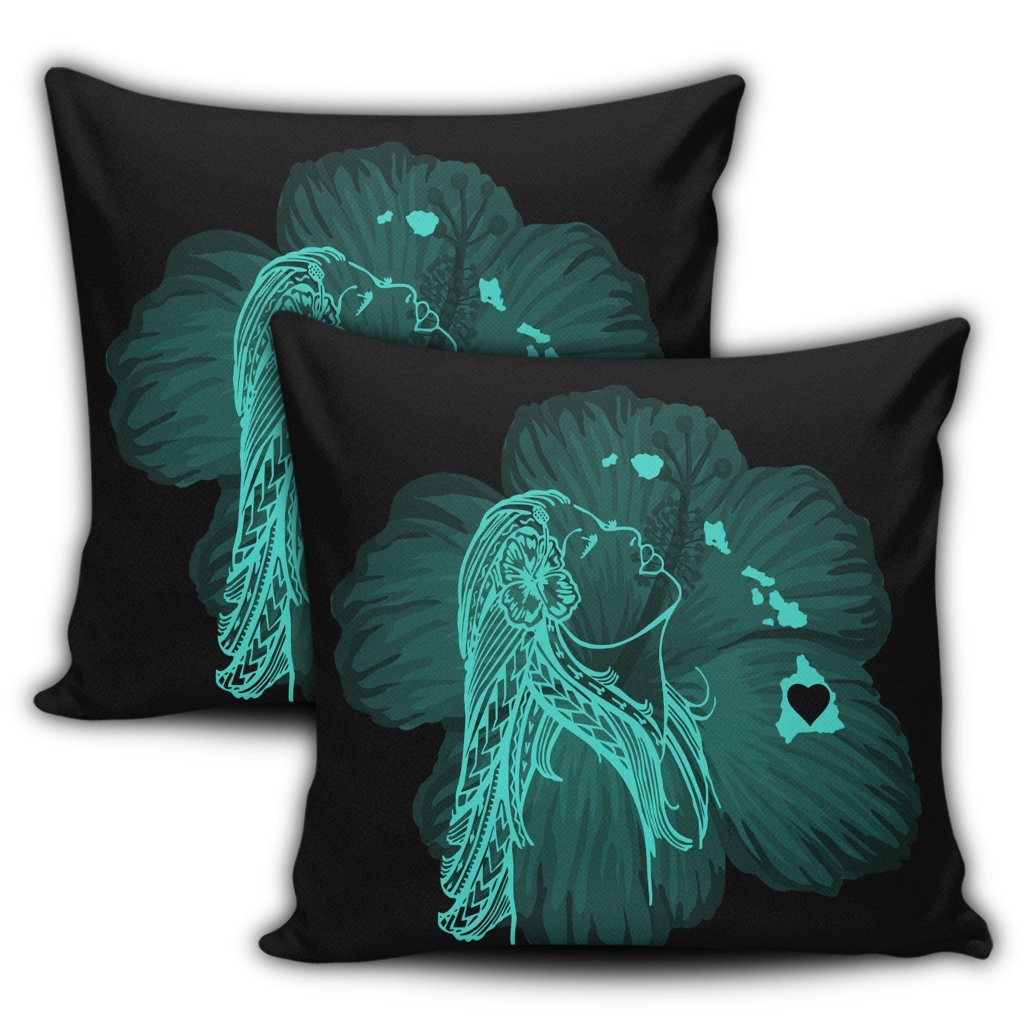 Hawaiian Map Heart Hula Girl Hibiscus Turquoise Polynesian Pillow Covers - AH - Polynesian Pride