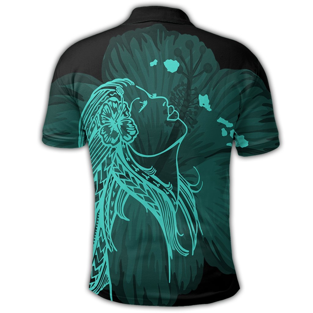 Hawaiian Map Heart Hula Girl Hibiscus Turquoise Polynesian Polo Shirt - Polynesian Pride