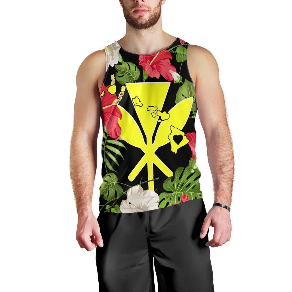 Hawaiian Map Heart Kanaka Hibiscus Polynesian Tank Top - AH Black - Polynesian Pride