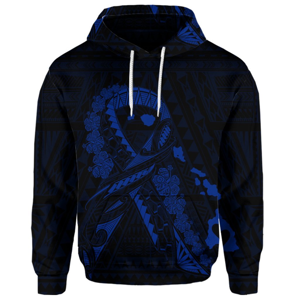 Custom Hawaiian Map Heart Ribbon Cancer Hibiscus Blue Polynesian Hoodie - Polynesian Pride