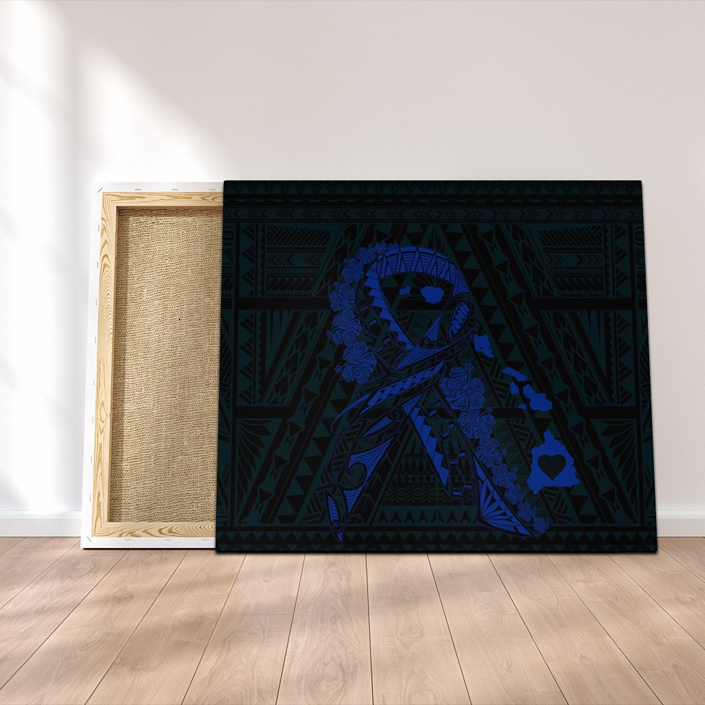 Hawaiian Map Heart Ribbon Cancer Hibiscus Blue Polynesian Canvas - AH Canvas Poly-cotton - Polynesian Pride