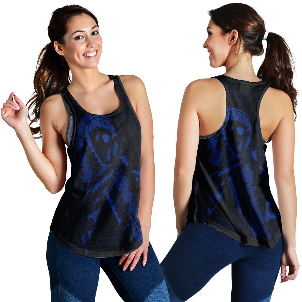 Hawaiian Map Heart Ribbon Cancer Hibiscus Blue Polynesian Racerback Tank - AH Black - Polynesian Pride
