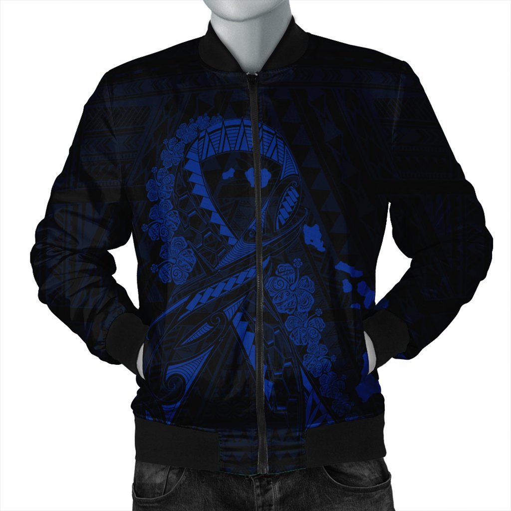 Hawaiian Map Heart Ribbon Cancer Hibiscus Blue Polynesian Bomber Jacket - AH Black Unisex - Polynesian Pride
