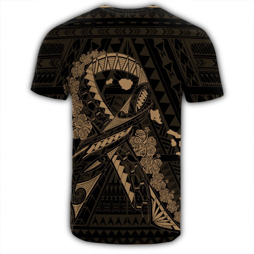 Hawaiian Map Heart Ribbon Cancer Hibiscus Gold Polynesian T Shirt - Polynesian Pride