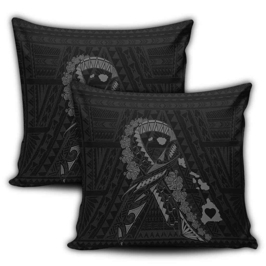 Hawaiian Map Heart Ribbon Cancer Hibiscus Gray Polynesian Pillow Covers - AH - Polynesian Pride
