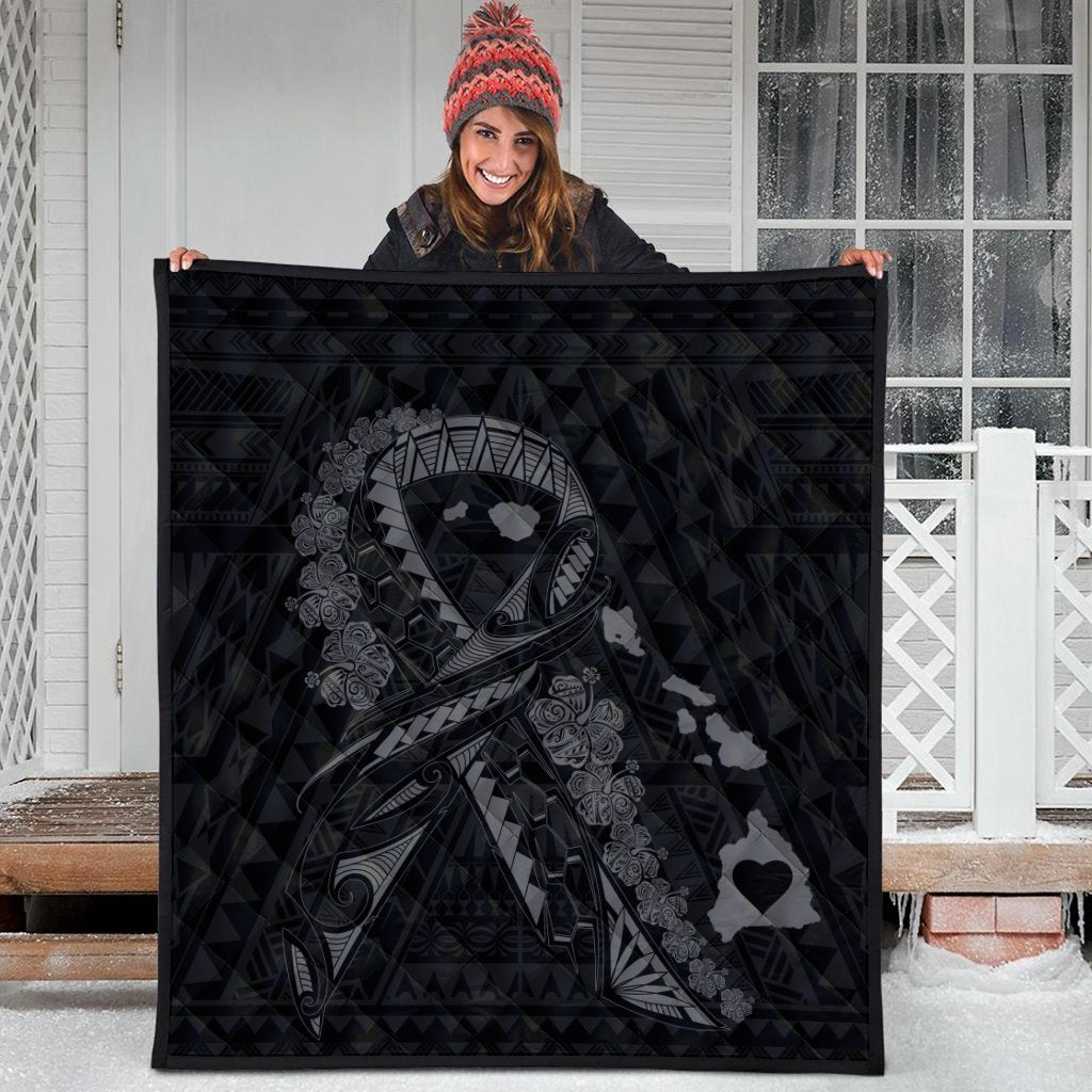 Hawaiian Map Heart Ribbon Cancer Hibiscus Gray Polynesian Premium Quilts - AH - Polynesian Pride