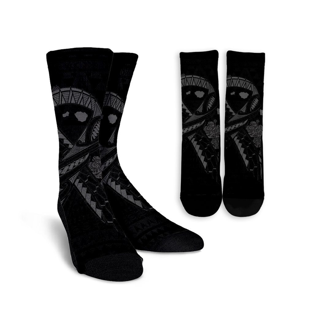 Hawaiian Map Heart Ribbon Cancer Hibiscus Gray Polynesian Crew Socks - AH Crew Socks White - Polynesian Pride