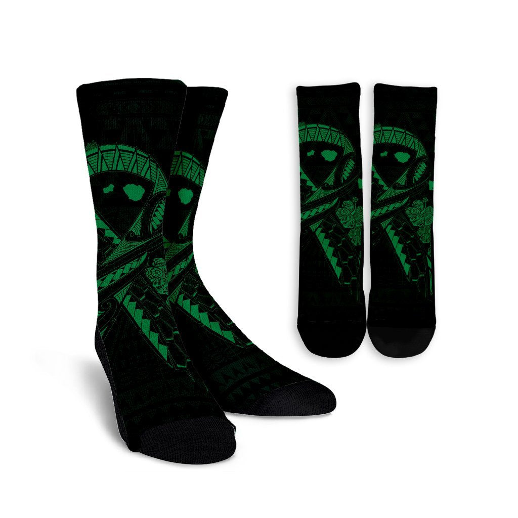Hawaiian Map Heart Ribbon Cancer Hibiscus Green Polynesian Crew Socks - AH Crew Socks White - Polynesian Pride