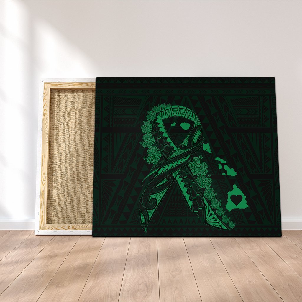 Hawaiian Map Heart Ribbon Cancer Hibiscus Green Polynesian Canvas - AH Canvas Poly-cotton - Polynesian Pride