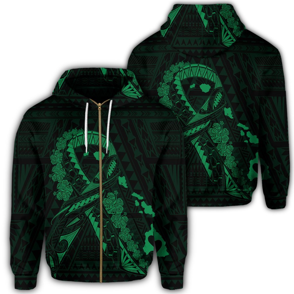 Hawaiian Map Heart Ribbon Cancer Hibiscus Green Polynesian Zip Hoodie Unisex Art - Polynesian Pride
