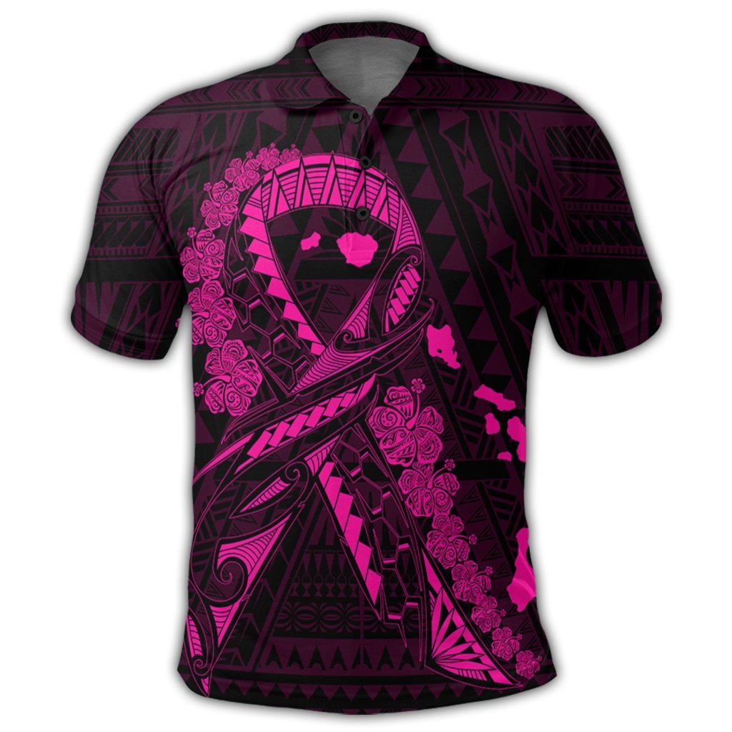 Hawaiian Map Heart Ribbon Cancer Hibiscus Pink Polynesian Polo Shirt - Polynesian Pride