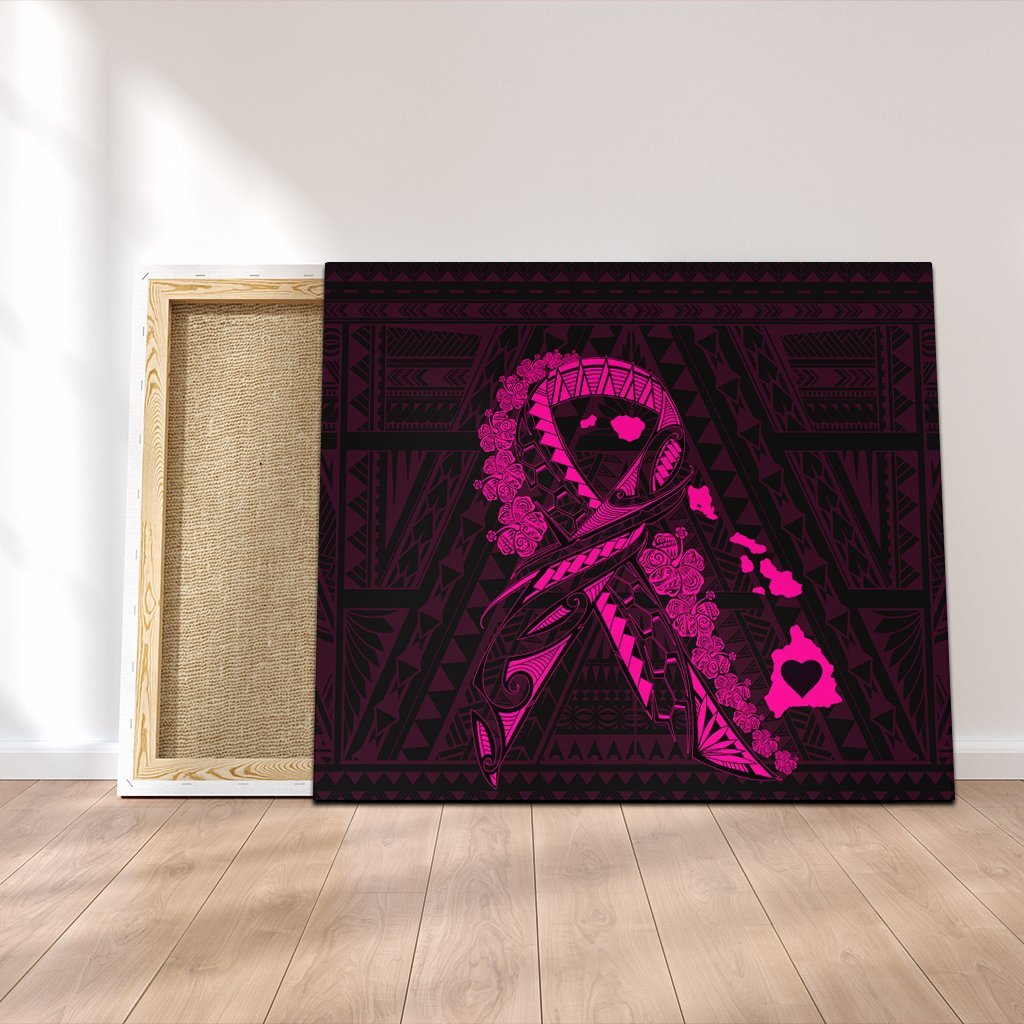 Hawaiian Map Heart Ribbon Cancer Hibiscus Pink Polynesian Canvas - AH Canvas Poly-cotton - Polynesian Pride