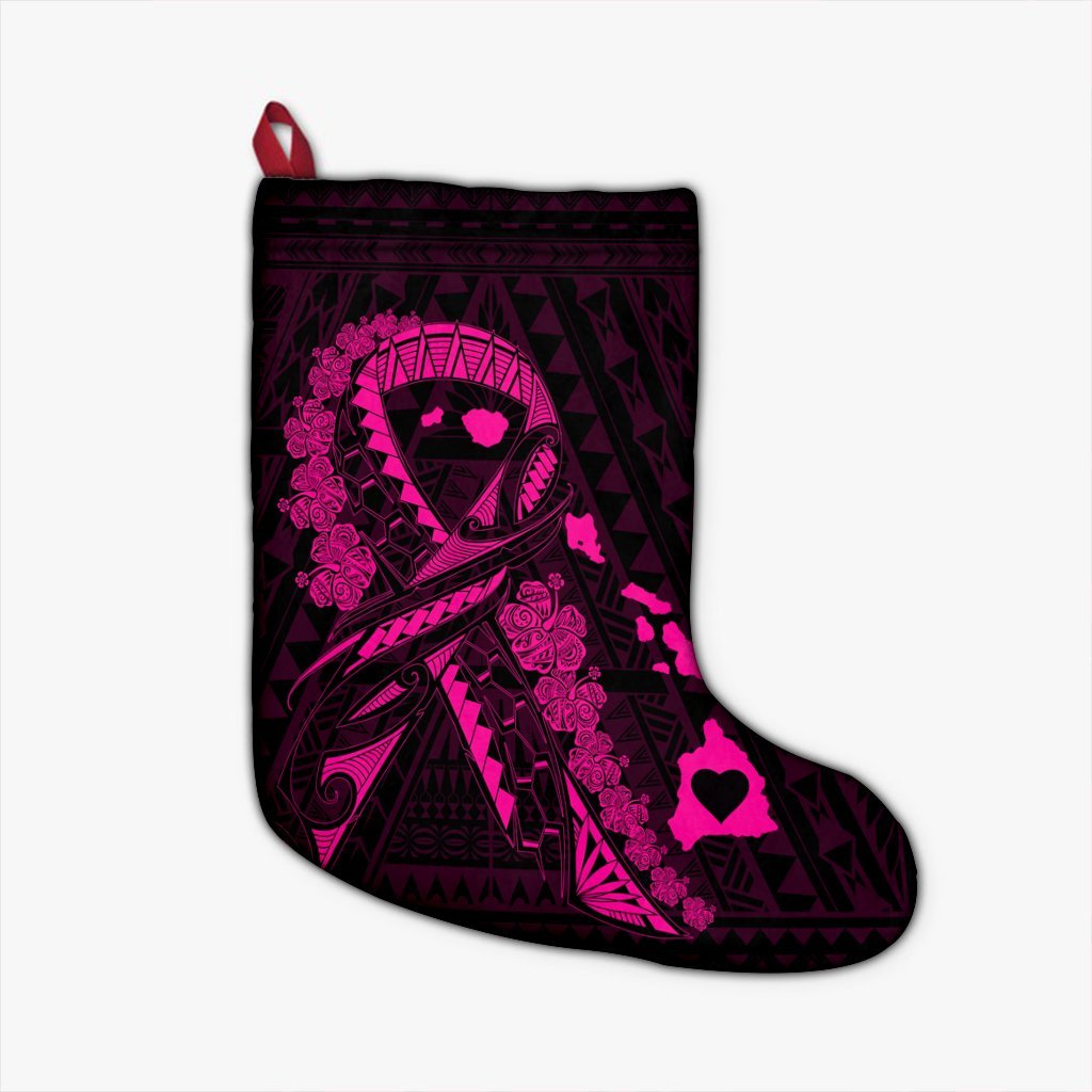 Hawaiian Map Heart Ribbon Cancer Hibiscus Pink Polynesian Christmas Stocking - AH Christmas Stocking 26 X 42 cm Black - Polynesian Pride