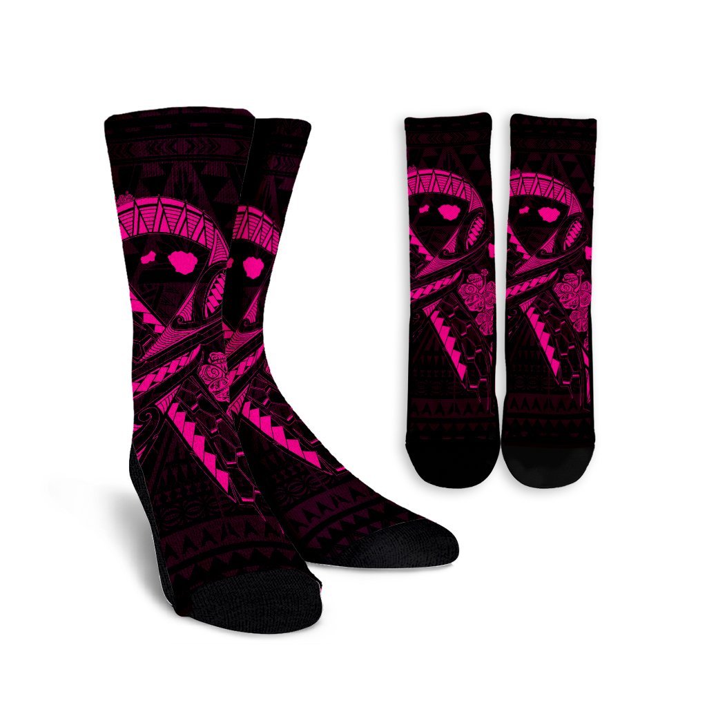 Hawaiian Map Heart Ribbon Cancer Hibiscus Pink Polynesian Crew Socks - AH Crew Socks White - Polynesian Pride