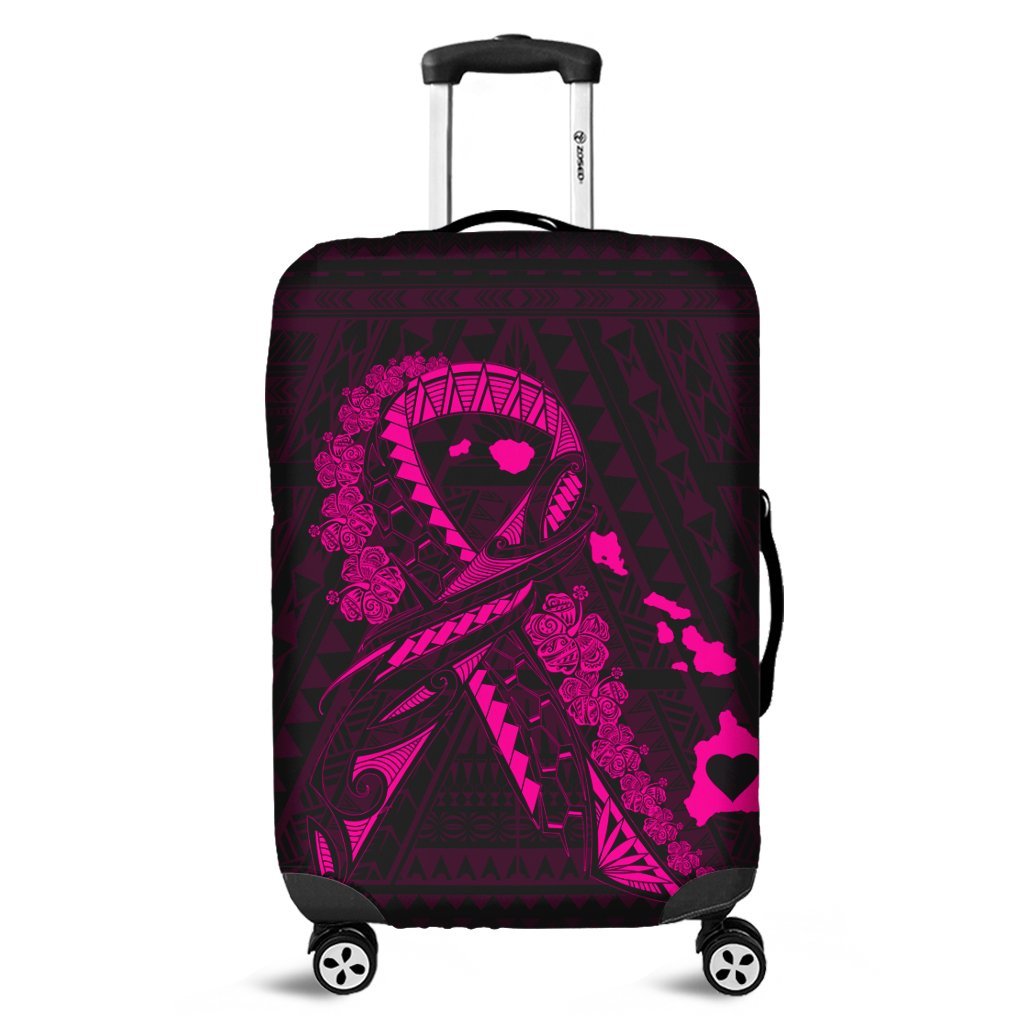 Hawaiian Map Heart Ribbon Cancer Hibiscus Pink Polynesian Luggage Covers - AH Black - Polynesian Pride