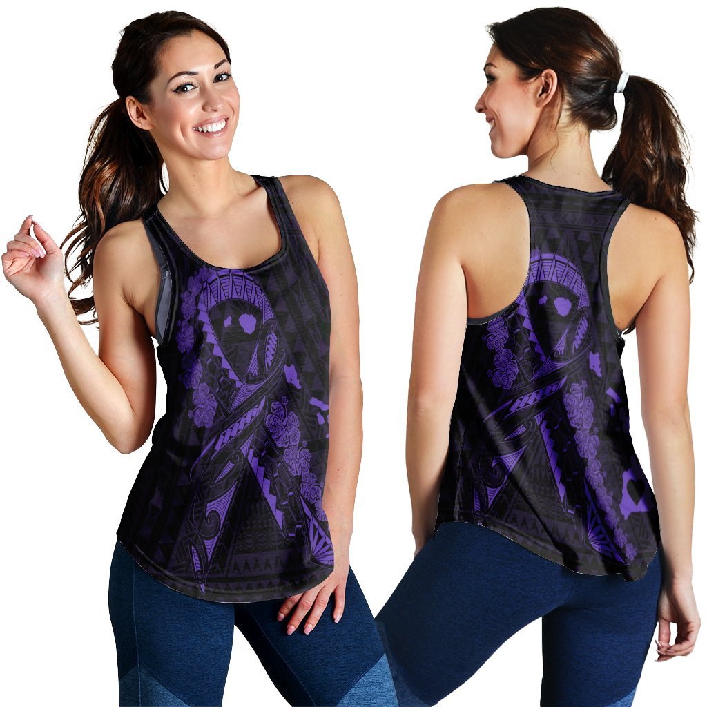 Hawaiian Map Heart Ribbon Cancer Hibiscus Purple Polynesian Racerback Tank - AH Black - Polynesian Pride