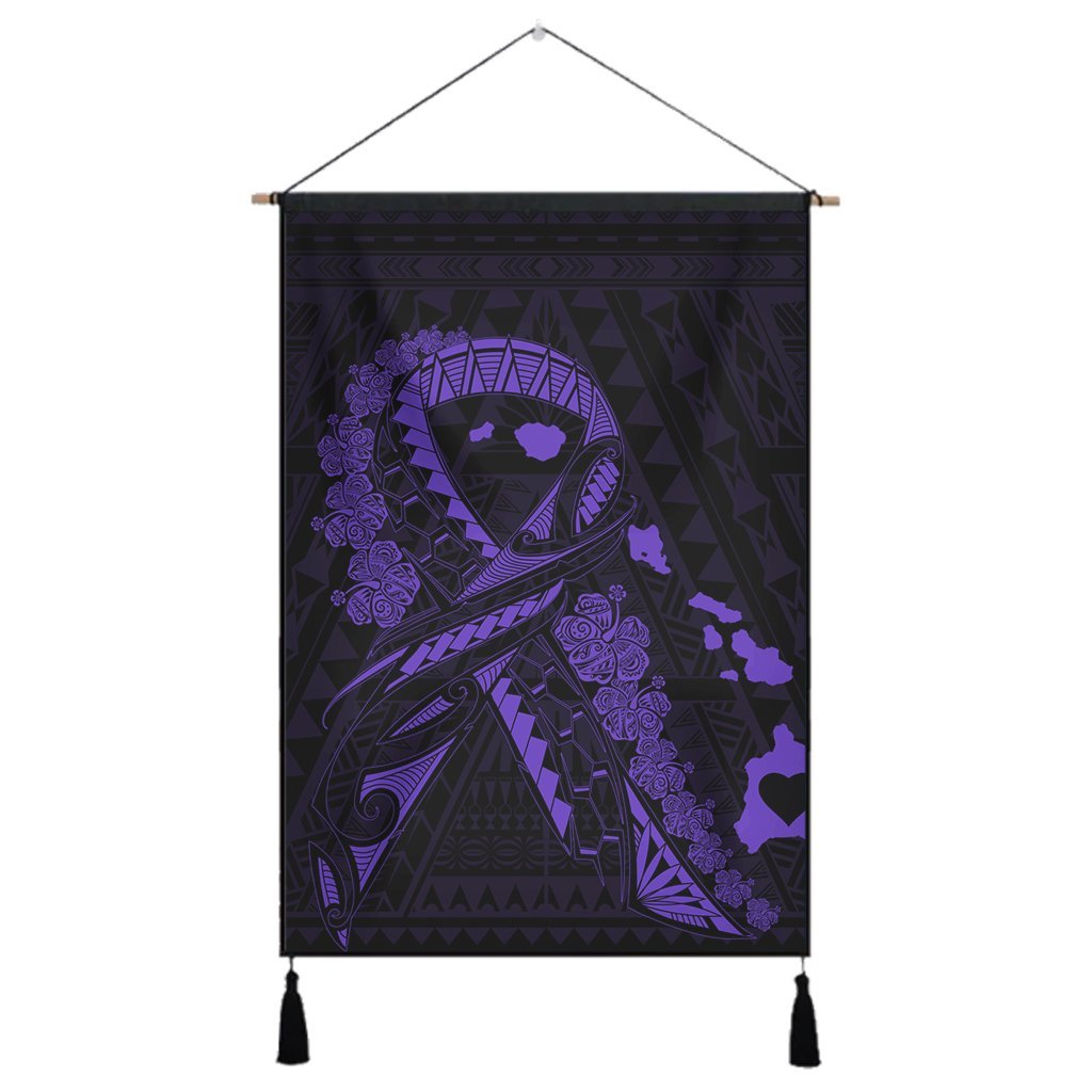 Hawaiian Map Heart Ribbon Cancer Hibiscus Purple Polynesian Hanging Poster - AH Hanging Poster Cotton And Linen - Polynesian Pride