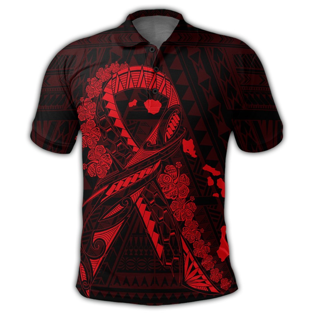 Hawaiian Map Heart Ribbon Cancer Hibiscus Red Polynesian Polo Shirt - Polynesian Pride