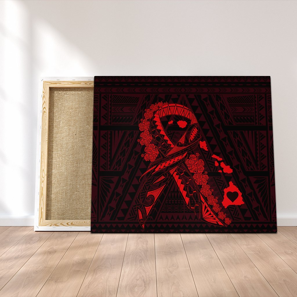 Hawaiian Map Heart Ribbon Cancer Hibiscus Red Polynesian Canvas - AH Canvas Poly-cotton - Polynesian Pride