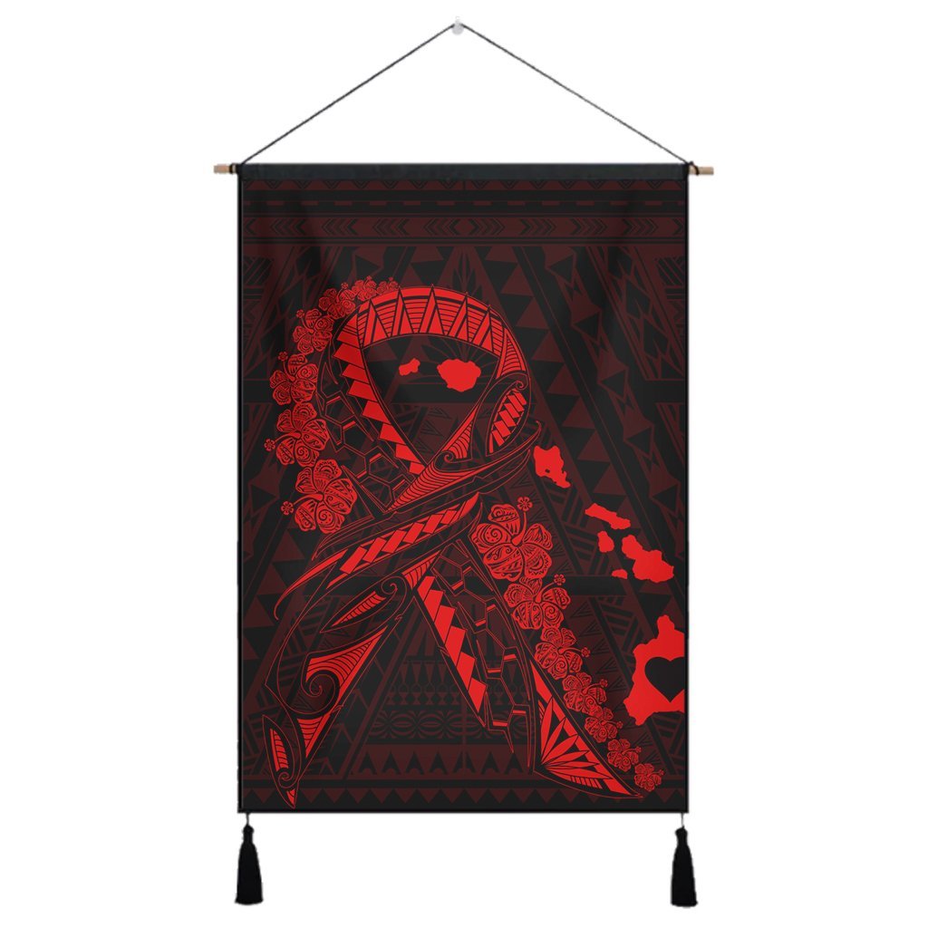 Hawaiian Map Heart Ribbon Cancer Hibiscus Red Polynesian Hanging Poster - AH Hanging Poster Cotton And Linen - Polynesian Pride
