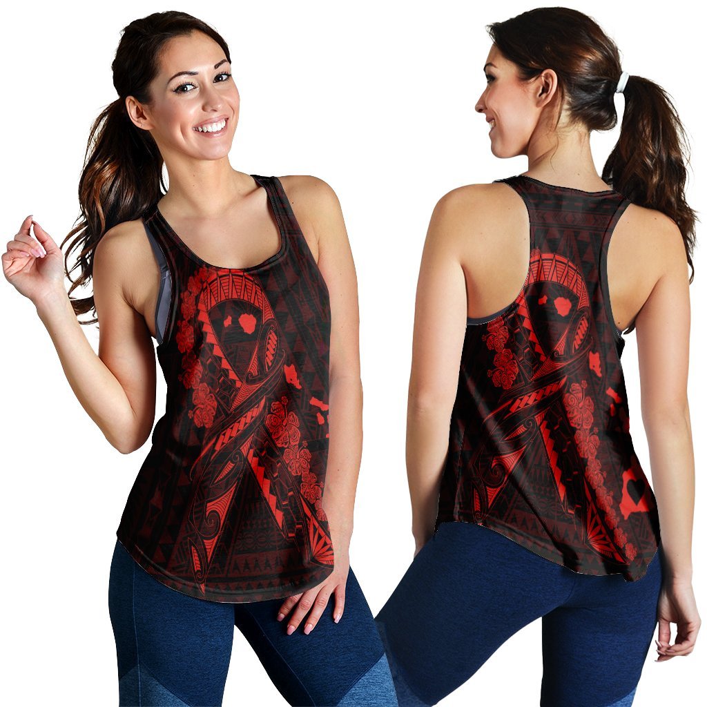 Hawaiian Map Heart Ribbon Cancer Hibiscus Red Polynesian Racerback Tank - AH Black - Polynesian Pride