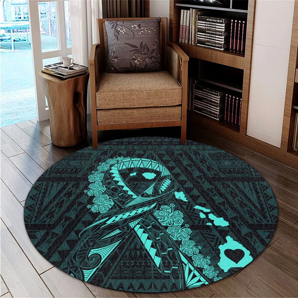 Hawaiian Map Heart Ribbon Cancer Hibiscus Turquoise Polynesian Round Carpet - AH - Polynesian Pride