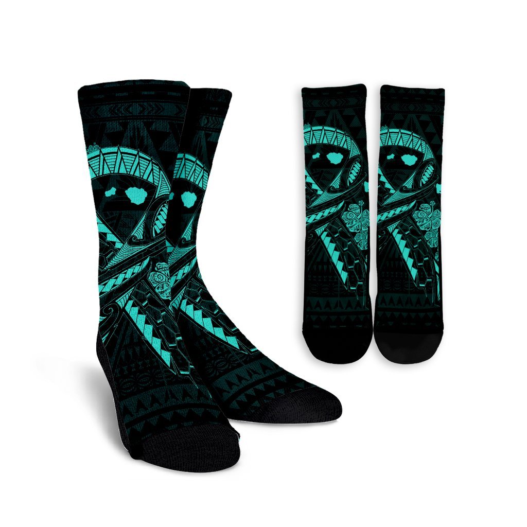 Hawaiian Map Heart Ribbon Cancer Hibiscus Turquoise Polynesian Crew Socks - AH Crew Socks White - Polynesian Pride