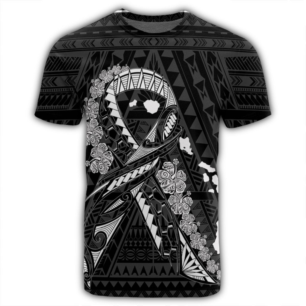 Hawaiian Map Heart Ribbon Cancer Hibiscus White Polynesian T Shirt - Polynesian Pride