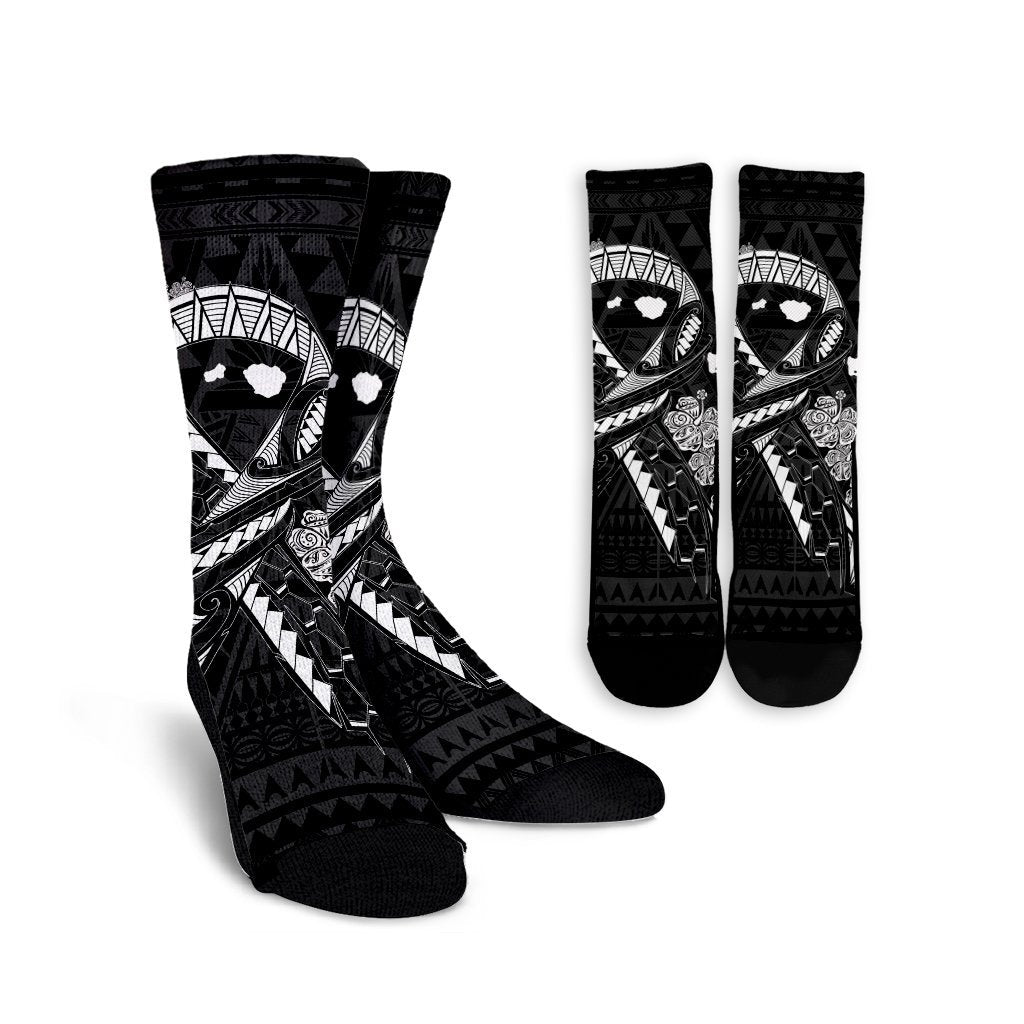 Hawaiian Map Heart Ribbon Cancer Hibiscus White Polynesian Crew Socks - AH Crew Socks White - Polynesian Pride