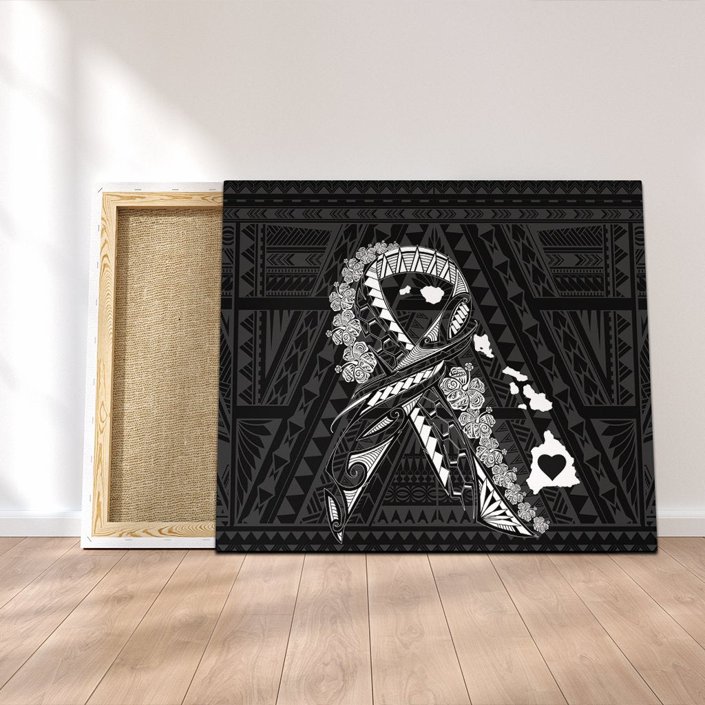 Hawaiian Map Heart Ribbon Cancer Hibiscus White Polynesian Canvas - AH Canvas Poly-cotton - Polynesian Pride