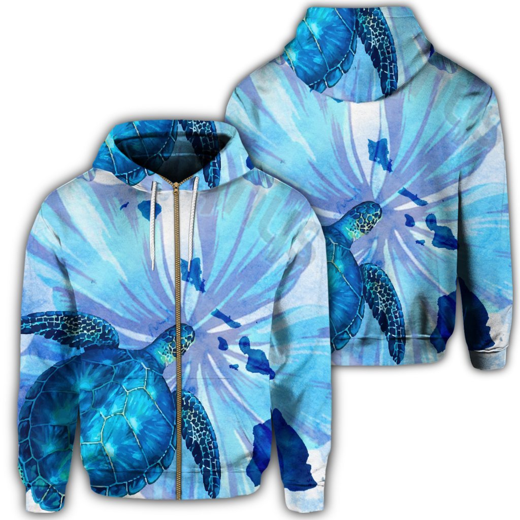 Hawaiian Map Hibiscus Flower Turtle Polynesian Zip Hoodie Blue Unisex Art - Polynesian Pride