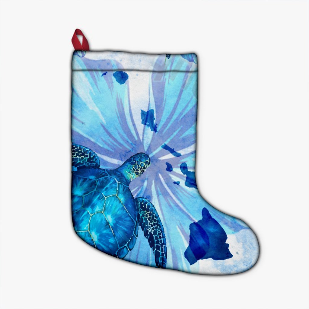 Hawaiian Map Hibiscus Flower Turtle Polynesian Christmas Stocking Blue - AH Christmas Stocking 26 X 42 cm Black - Polynesian Pride