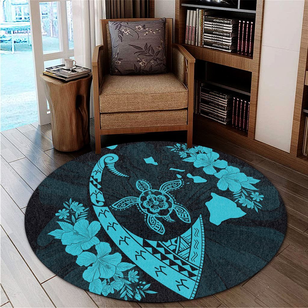 Hawaiian Map Hibiscus Turtle Fish Hook Polynesian Round Carpet Blue - AH - Polynesian Pride
