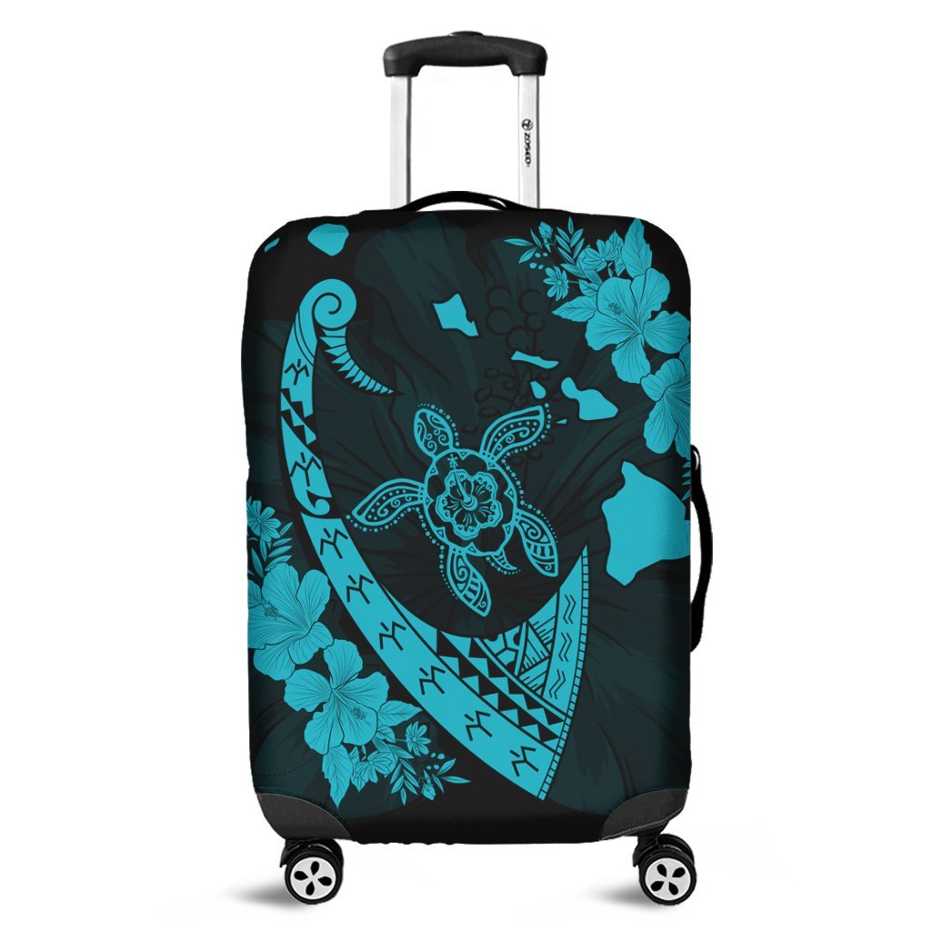 Hawaiian Map Hibiscus Turtle Fish Hook Polynesian Luggage Covers Blue - AH Black - Polynesian Pride