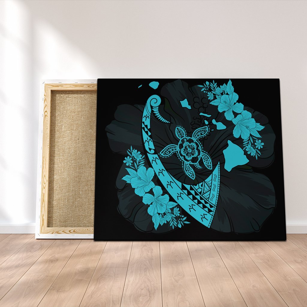 Hawaiian Map Hibiscus Turtle Fish Hook Polynesian Canvas Blue - AH Canvas Poly-cotton - Polynesian Pride