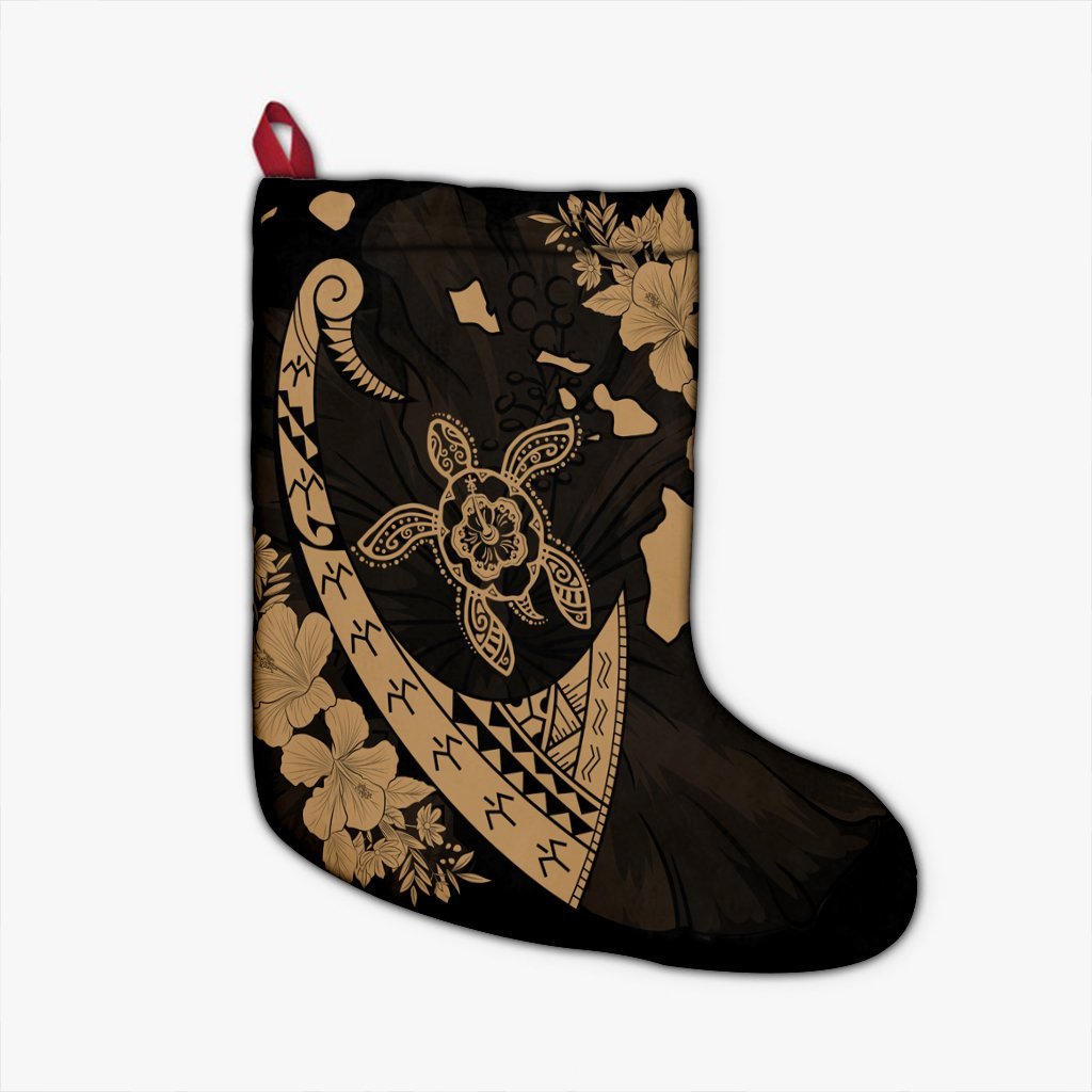 Hawaiian Map Hibiscus Turtle Fish Hook Polynesian Christmas Stocking Gold - AH Christmas Stocking 26 X 42 cm Black - Polynesian Pride