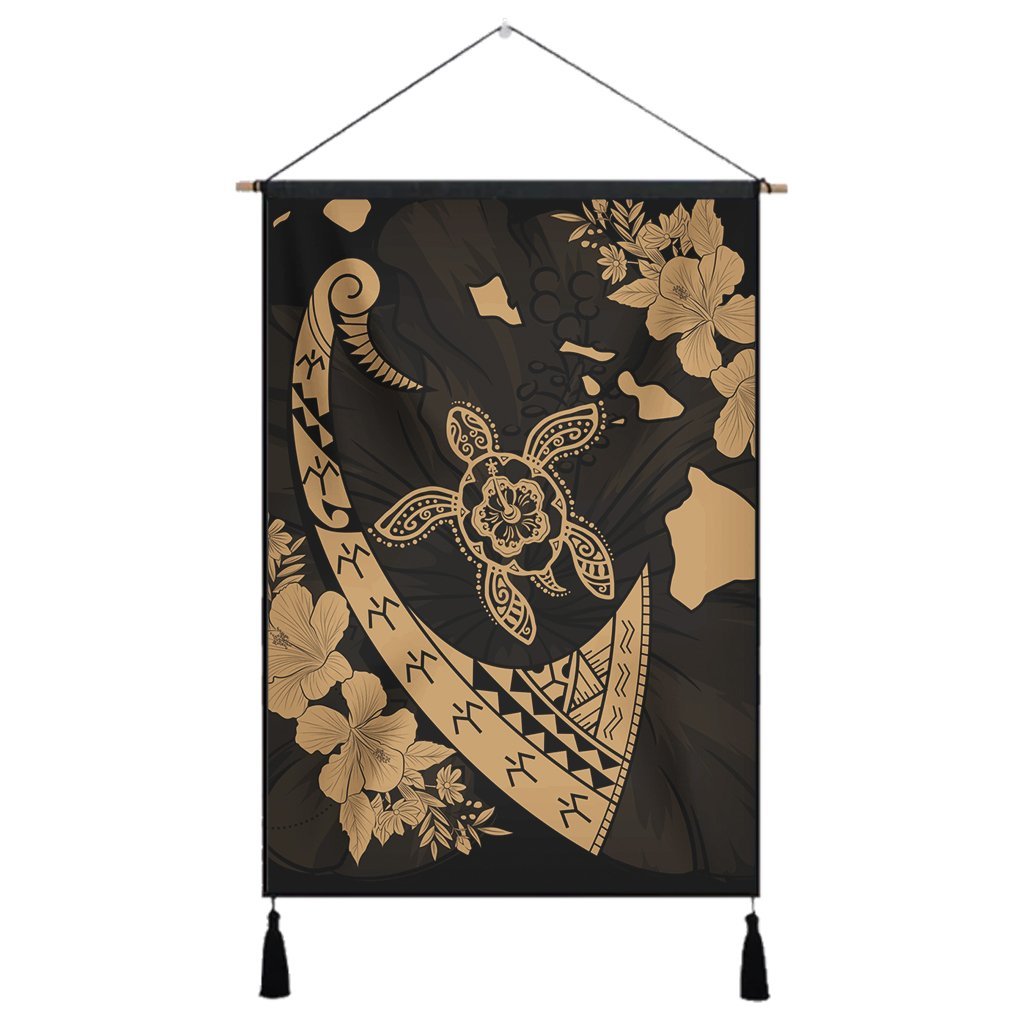 Hawaiian Map Hibiscus Turtle Fish Hook Polynesian Hanging Poster Gold - AH Hanging Poster Cotton And Linen - Polynesian Pride