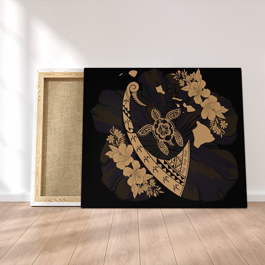 Hawaiian Map Hibiscus Turtle Fish Hook Polynesian Canvas Gold - AH Canvas Poly-cotton - Polynesian Pride