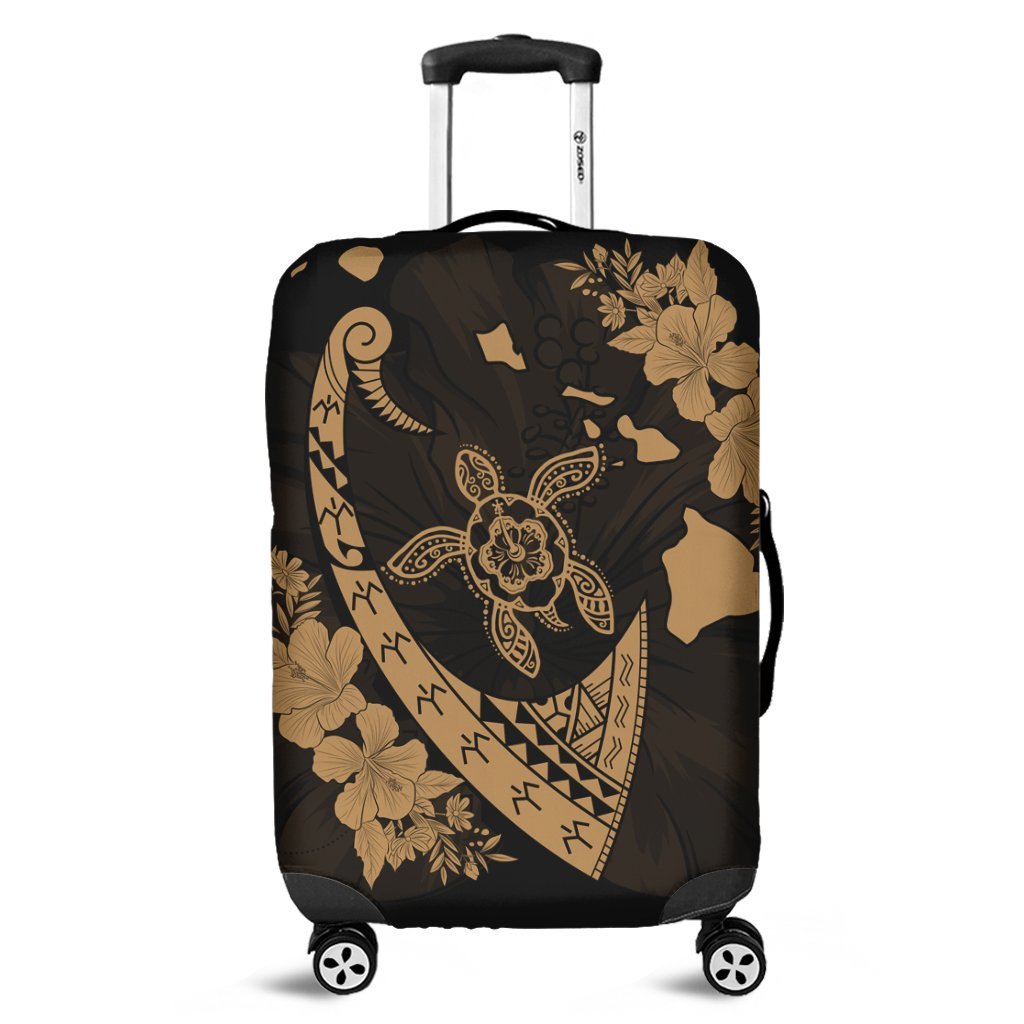 Hawaiian Map Hibiscus Turtle Fish Hook Polynesian Luggage Covers Gold - AH Black - Polynesian Pride